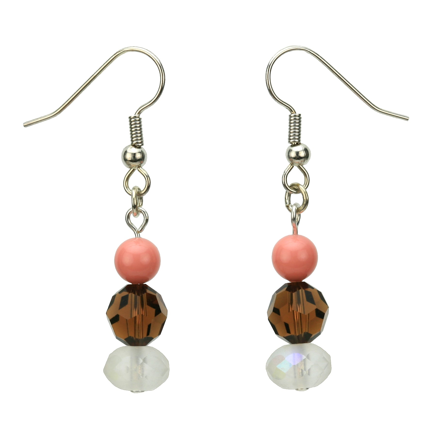 Smoked Topaz, Crystal and Pink Coral Silver Dangle Earrings