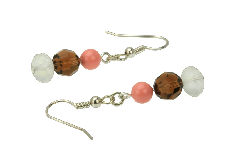 Smoked Topaz, Crystal and Pink Coral Silver Dangle Earrings