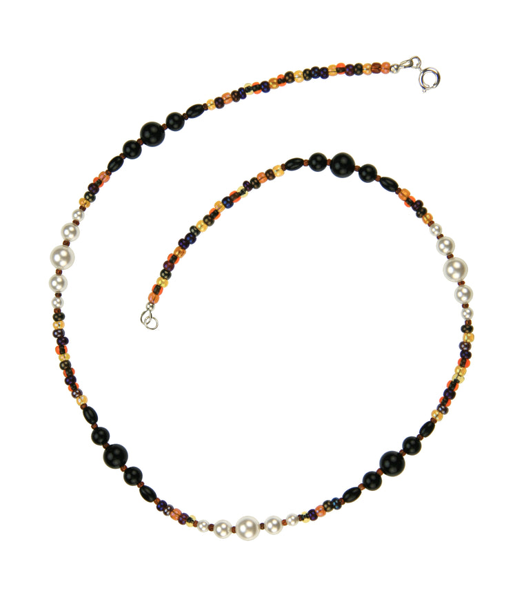 Black Onyx, White Pearls and Bronze Rocaille Silver Necklace