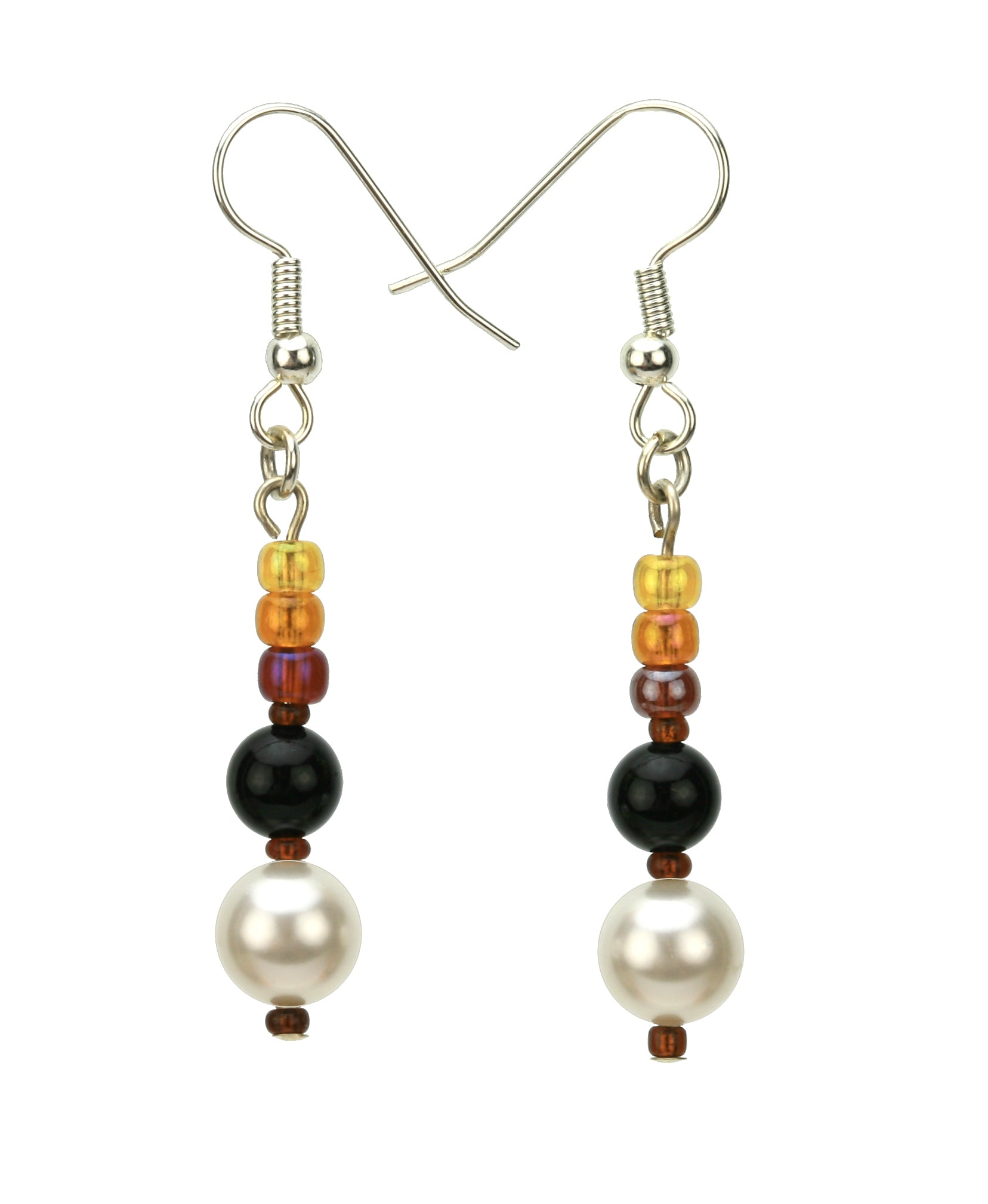 Black Onyx, White Pearls and Bronze Rocaille Silver Earrings