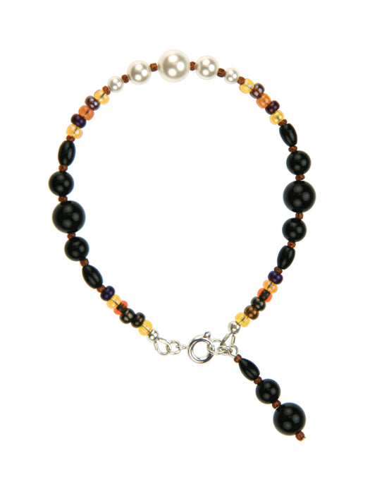 Black Onyx, White Pearls & Bronze Rocaille Silver Bracelet