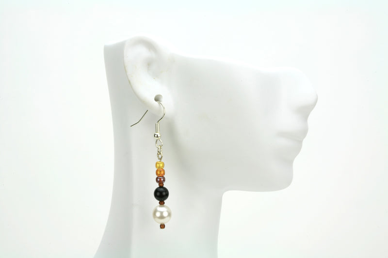 Black Onyx, White Pearls & Bronze Rocaille Silver Earrings