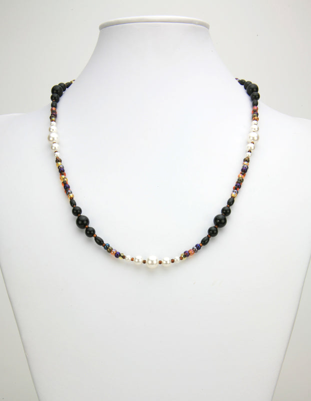 Black Onyx, White Pearls & Bronze Rocaille Silver Necklace
